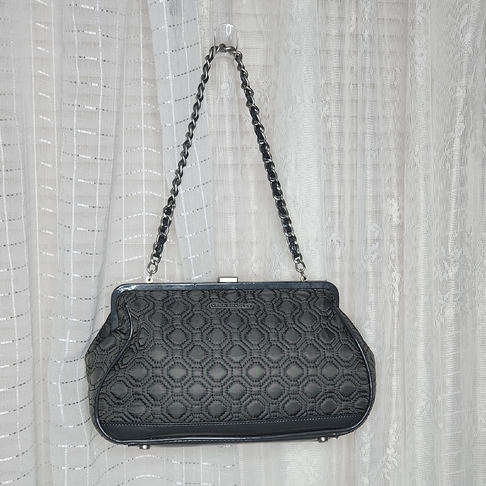 Grey Quilted & Patient Leather Vera Bradley Purse Bag W/ Clasp Closure